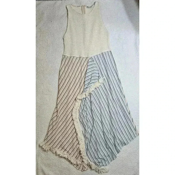 Zara Women Midi Fringe Boho Pattern Asymmetrical Dress Size Large - Picture 1 of 13